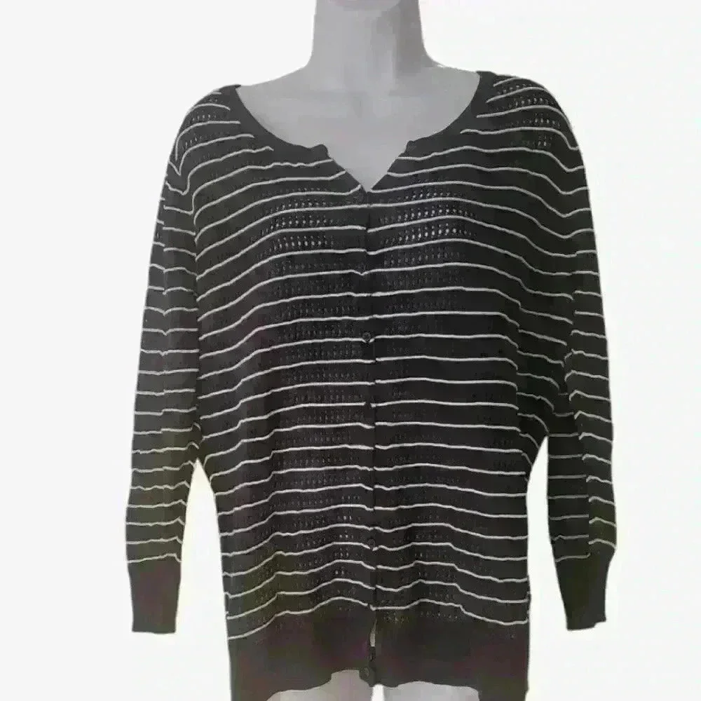 H&M open stitch lightweight cardigan navy/white stripes size L